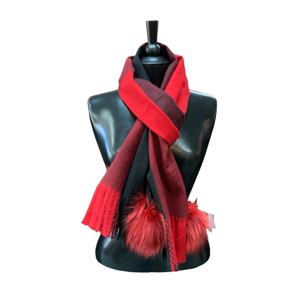 Checkered Patterned Genuine Fox Fur Pom Pom Scarf
